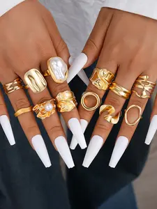 12-Piece Fashion Vintage Style Geometric Irregular Rings Set, Wrinkled Metal Design, Faux Pearl Inlay, Perfect for Daily Wear