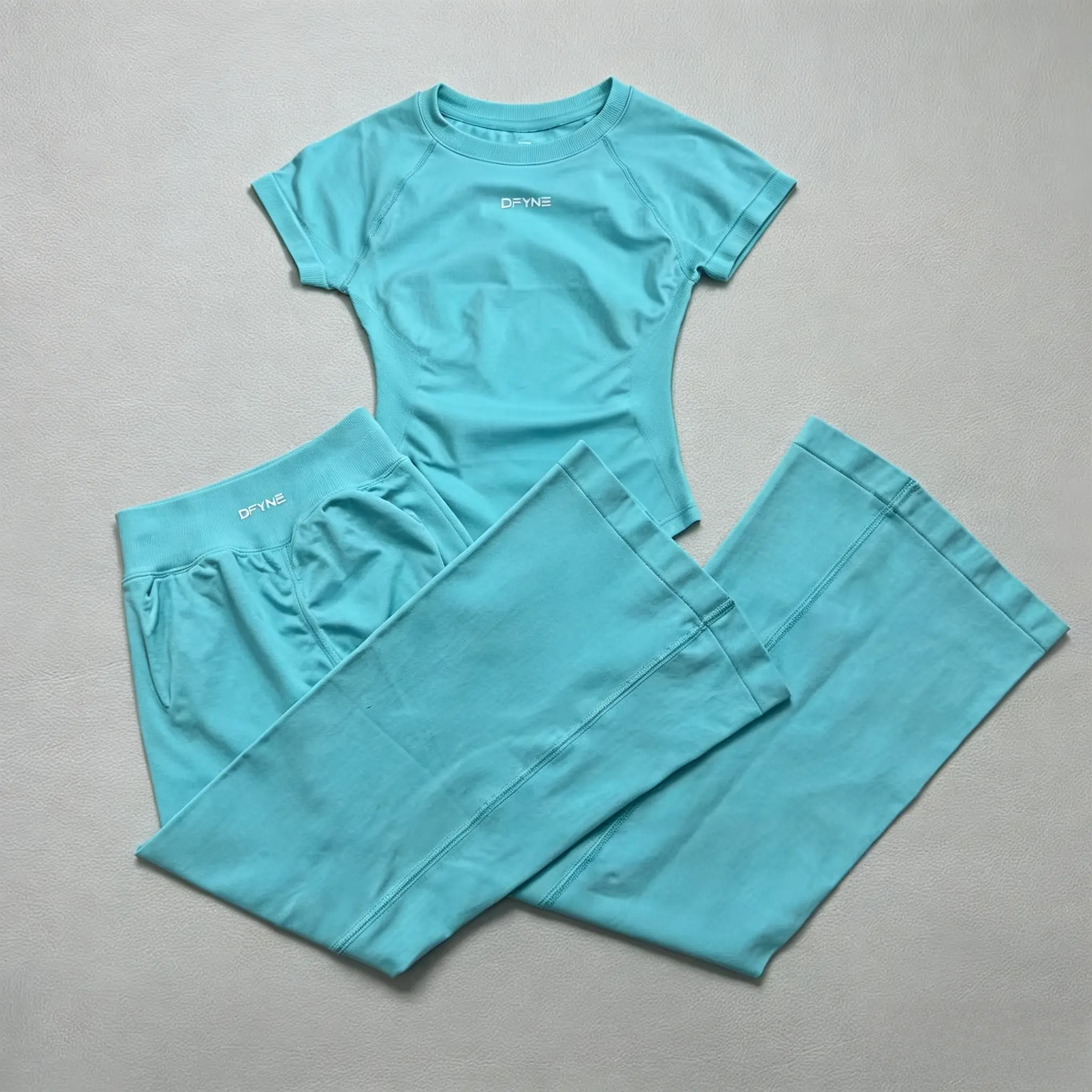 DFYNE 2-Piece Activewear Set | High Waisted Wide Leg Flare Yoga Pants & Fitted Short Sleeve Gym Top Workout Lounge Set, Two Piece Set, Workout Sets Women