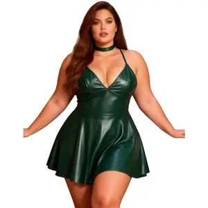 Plus Size Lingerie Set for Women PU Leather Lingerie Babydoll Backless Clubwear Chemise Mini Lingerie Dress