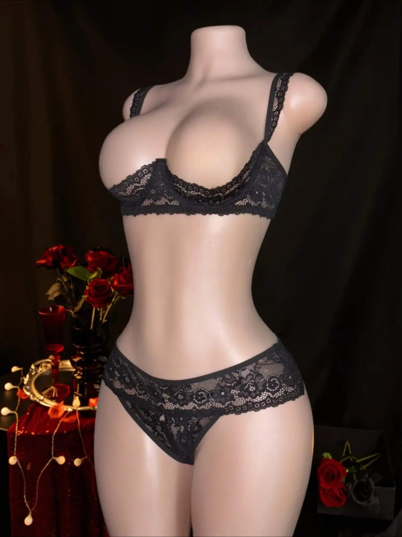 Sexy Lingerie Set 2 Piece Quarter Cup Bra Open Crotch Panties Adjustable Straps Elegant Lace Mature Alluring Adult Underwear Women Underwear Sets