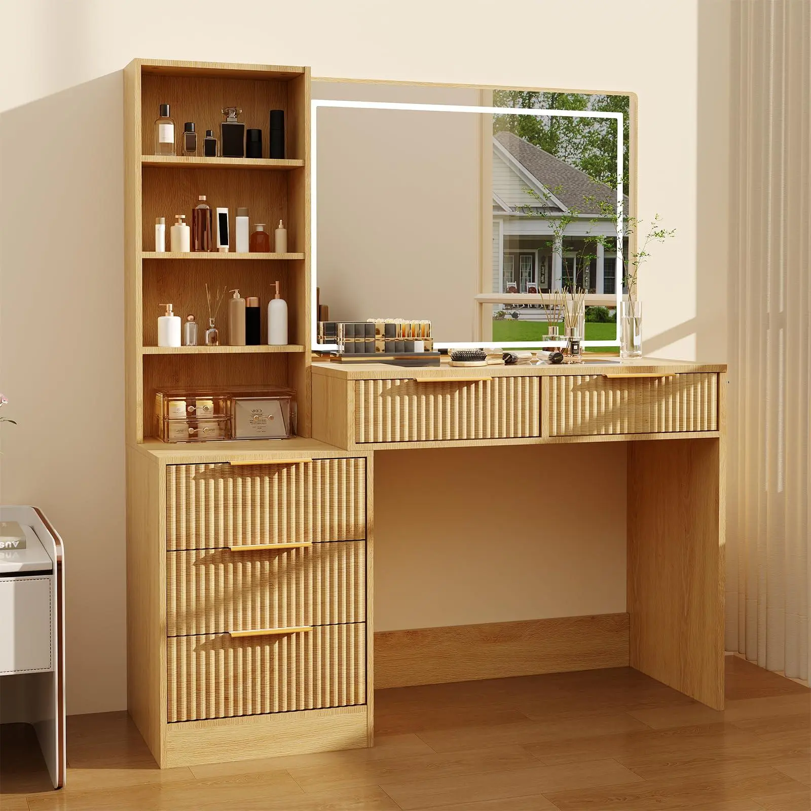 GARVEE Modern Fluted Vanity Desk with Mirror and Lights, 48 Inch Big Makeup Table with Glass Top & 5 Drawers, Elegant Oak Dressing Table with Built-in Power Outlets, Large Bedroom Vanity Set, Fluted Panel