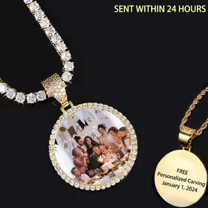 Photo Medallion Bling Stone Necklace Pendant Custom Memory Picture 35MM Circle Hip Hop Jewelry Pendant (Please send a DIY picture to customer service)