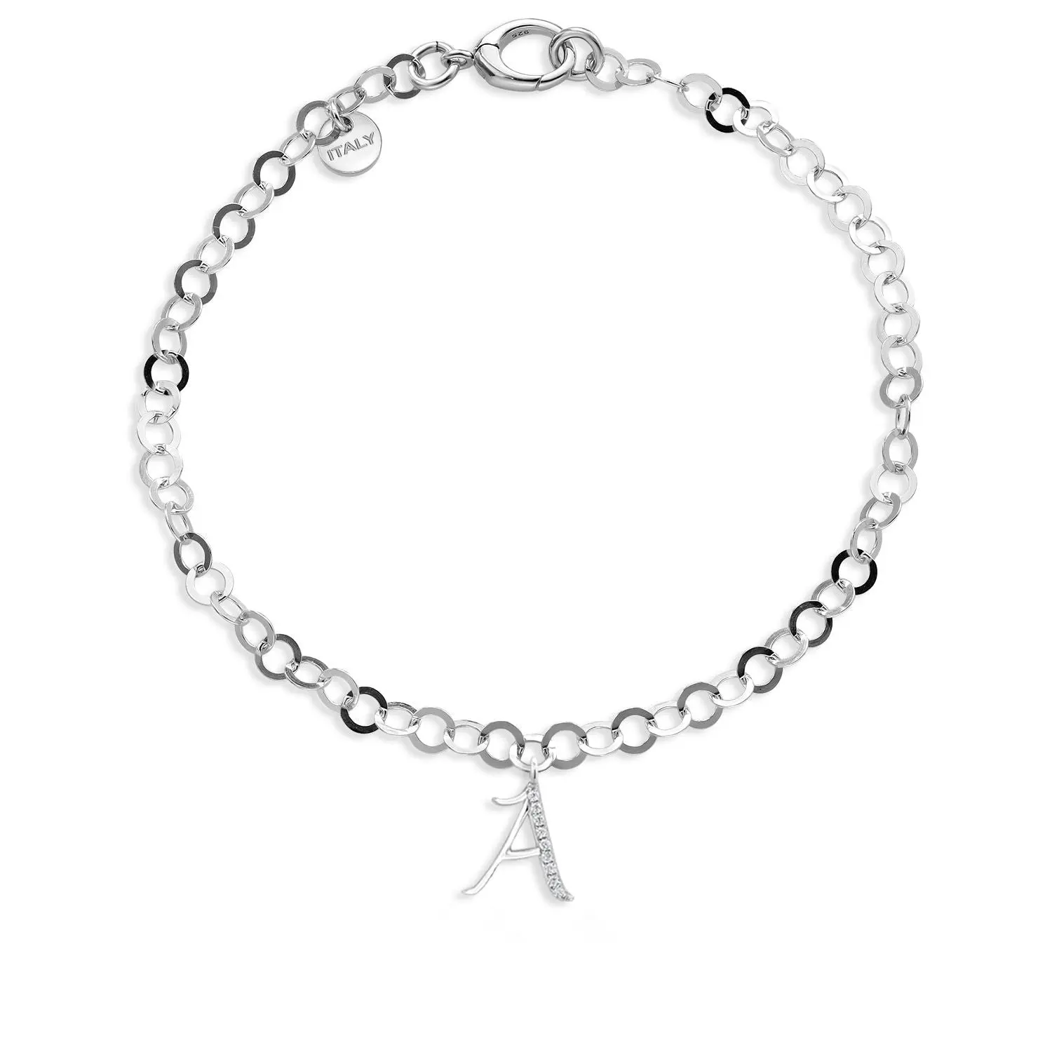 925 Sterling Silver Round Link Chain Bracelet For Women with Personalized White Moissanite A-Z Letter Initial Alphabet Charm (Made In Italy, 7.25 Inch)