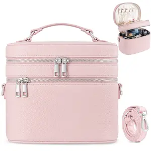 PU Leather Makeup Bag Organizer Double Layer Vanity Bag Large Capacity with Compartments and Handle Travel Portable Storage Crossbody Cosmetic Jewelry Case for Women mother