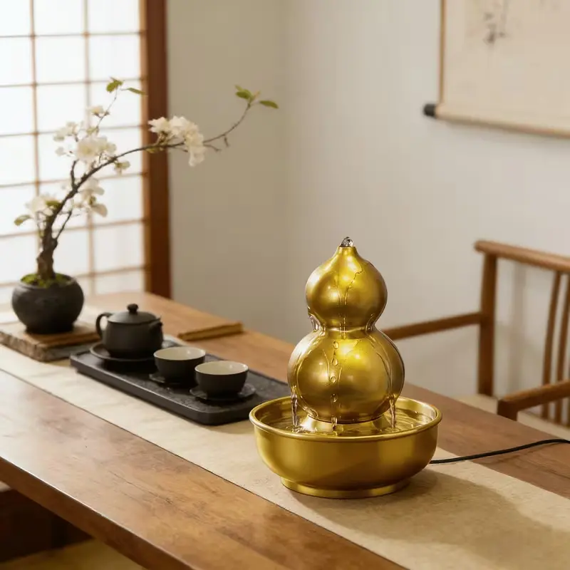 Frosted Deep Golden Gourd Tabletop Fountain - Resin Water Flow Chinese-Style Oriental Craft, Stylish Fengshui Ornaments with Gourd & Base, Home Office Meditation Space Decor (Home Supplies)