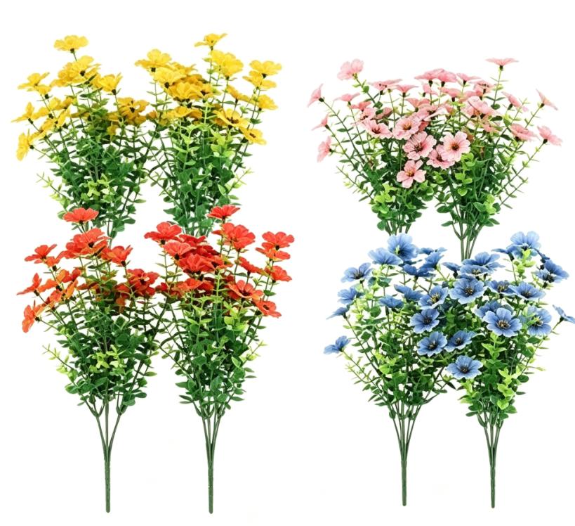 Lifelike Fade-Proof UV-Resistant Artificial Daisy Flowers with Eucalyptus - 8 Bundles, 4 Mixed Colors, Outdoor Indoor Home Decor for Planters, Front Door, Lifelike Look