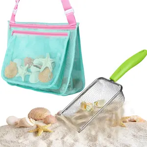 Beach Mesh Shovel with Mesh Bag for Shell Collecting,Beach Scoop Metal Shark Tooth Sifter Sand Dipper for Kids Boys Girls
