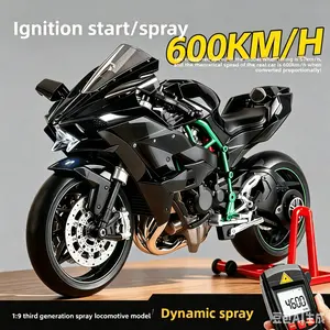 1:9 Kawasaki H2R motorcycle model, capable of ignition and start-up, simulating throttle operation, with high detail fidelity, featuring collector-grade metallic texture, and being an upscale toy vehicle model suitable for both children and adults.