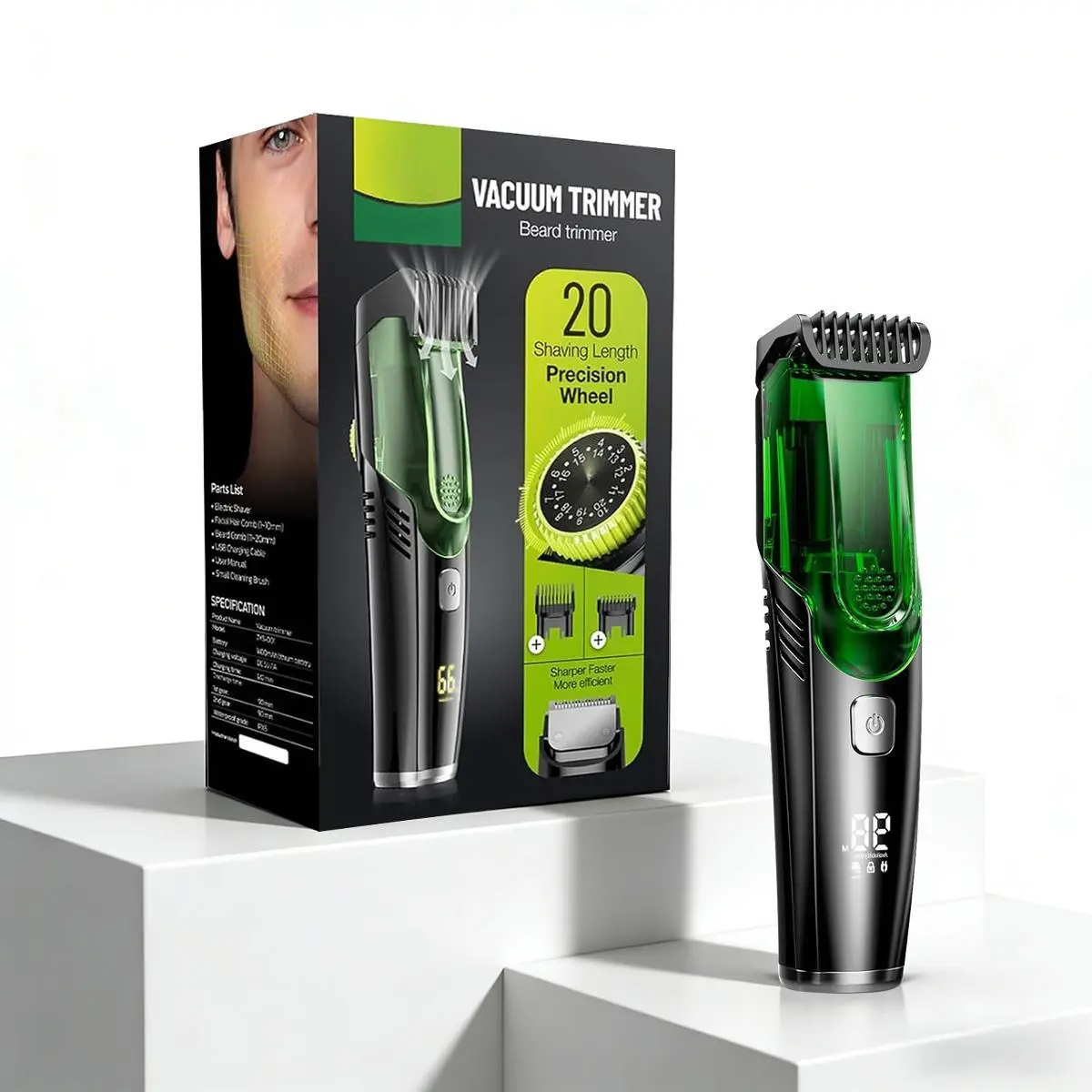 Vacuum Beard Trimmer for Men, Electric Grooming Kit for a Mess-Free Cut with Stainless Steel Blades, IPX7 Waterproof, Dual Motors & 20 Length Settings, Shaving, Usb Port