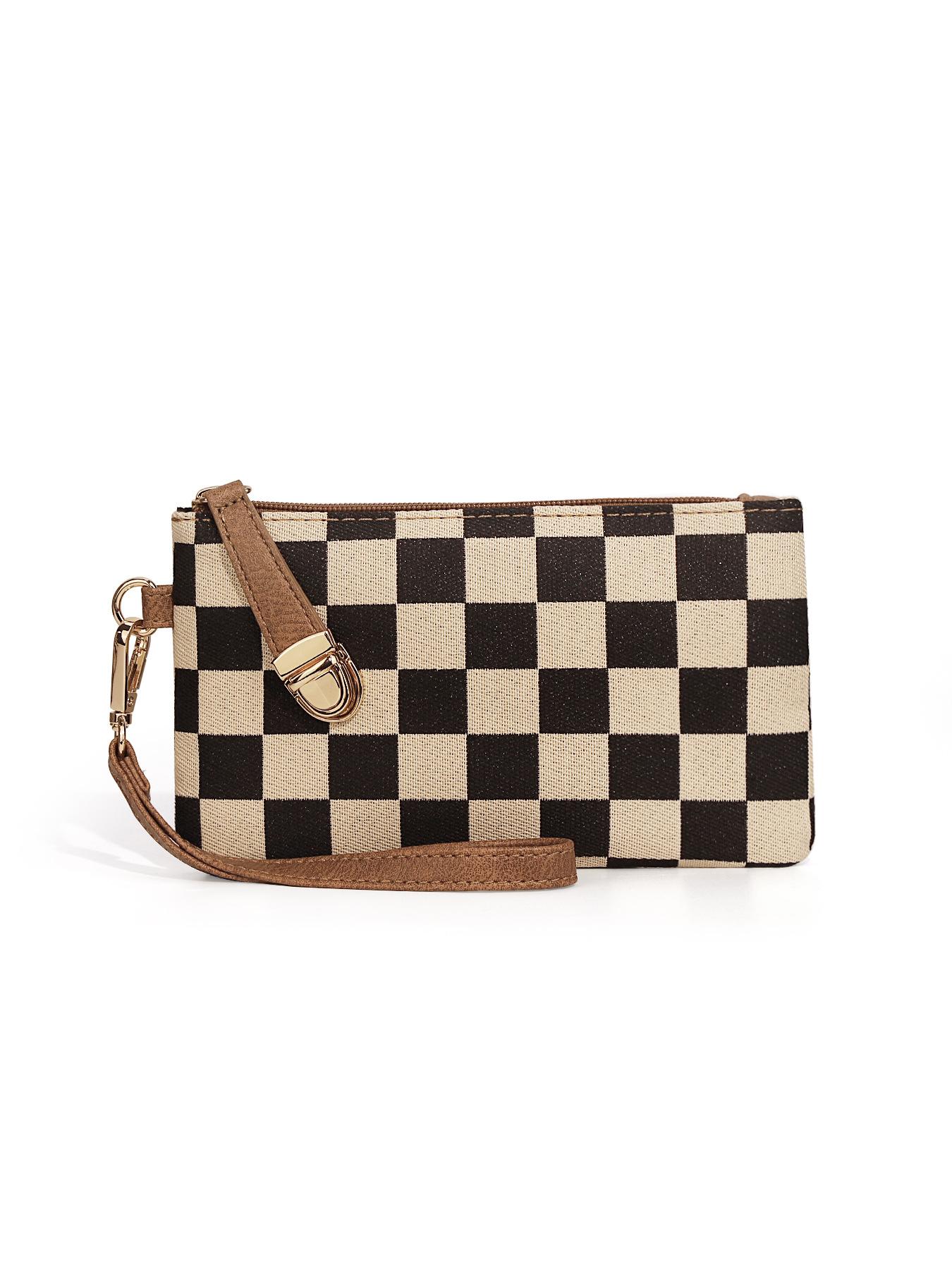Women’s upgraded high-quality fabric; fashionable, portable long wallet with a checkered pattern; holds a phone; detachable wrist strap; premium gold zipper; gold accents; small everyday carry item.