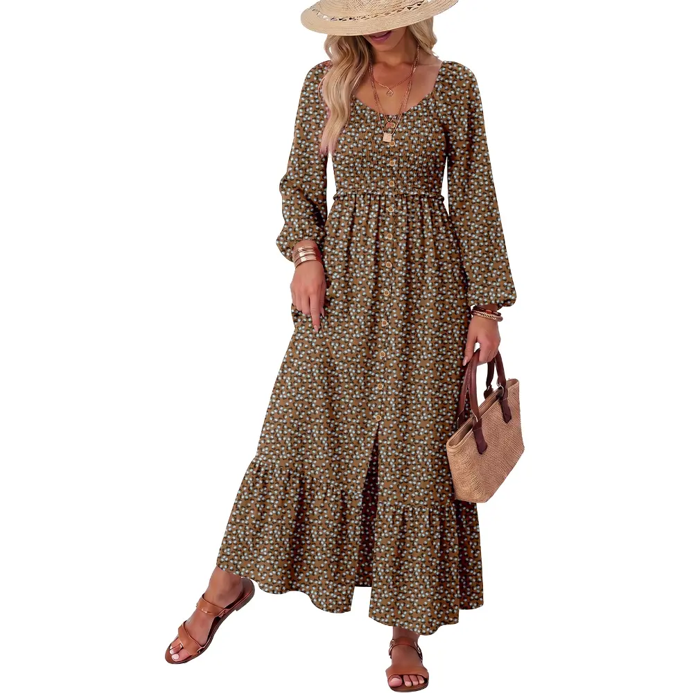 Dokotoo Womens Dresses Boho Floral Smocked Empire Waist Square Neck Long Sleeve Button Maxi Dress Beach Vacation Sundresses