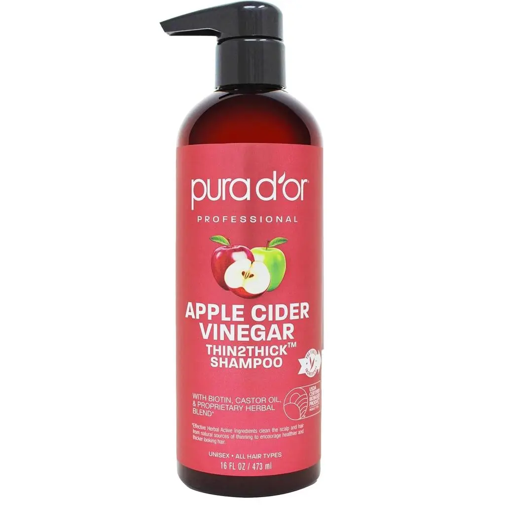 PURA D’OR Apple Cider Vinegar Thin2Thick Shampoo 8oz (437ml) – Clarifying Shampoo for Thinning Hair with Biotin, Castor Oil & 15 DHT Blockers, Sulfate Free Detox Shampoo