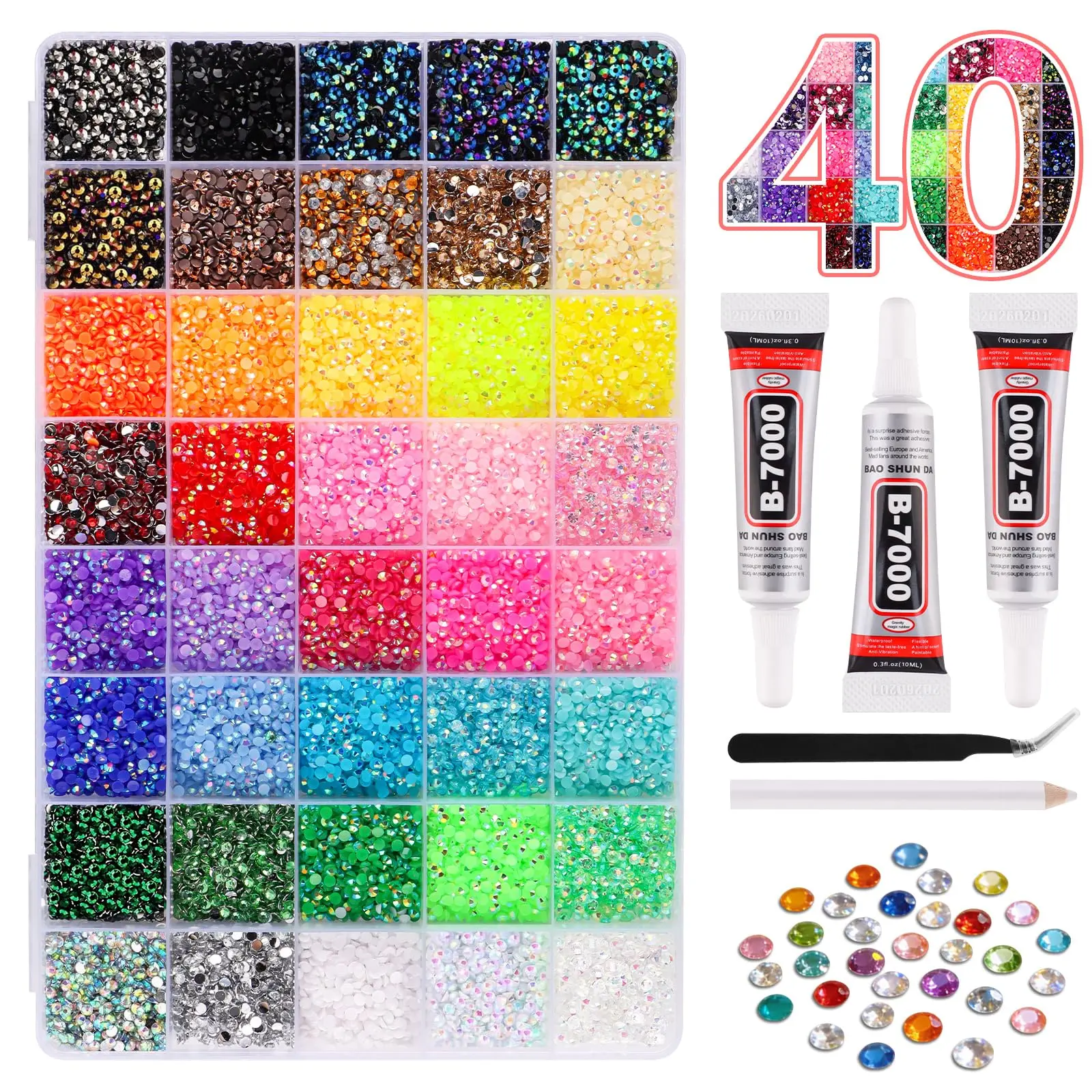 Kalolary Large Pack 32000Pcs 40-Color Ab Coated 3mm Resin Flatback Jelly Rhinestones Bedazzling Kit, with 3Pcs B7000 Glue, Tweezers & Pick Up Pen for Easy Apply Multi-Use Craft, Nail Art, Shoes