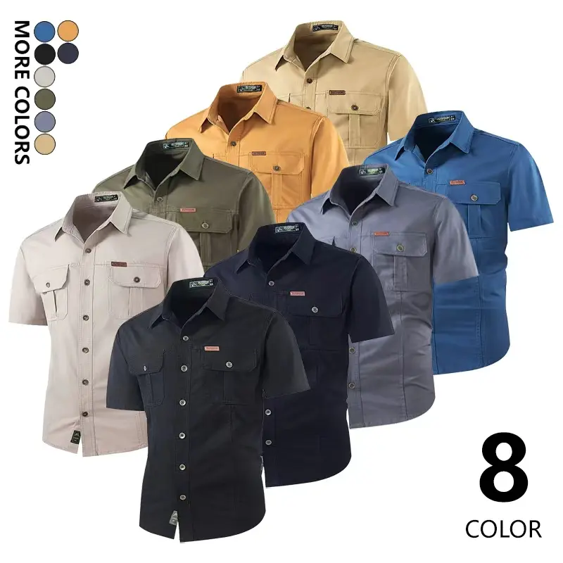 Men's 5-Pack Construction Work Shirts, Short Sleeve 100% Cotton Button-Up Multi-Pocket Tops, Abrasion & Stain-Resistant Workwear, Menswear, Button-Up Shirt, Collars, Fashion Apparel, Gardening, Auto Repair, Shortsleeve