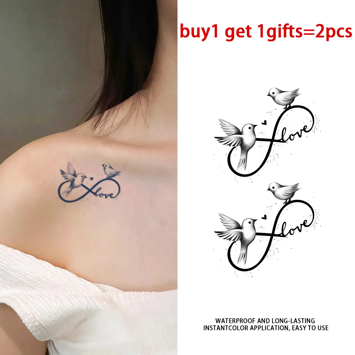 2-Pack Semi-Permanent Tattoo Stickers, Plant-Based Long-Lasting Love Birds Infinity Design, Waterproof Peel & Apply Body Art for Women, All Skin Types, Basic