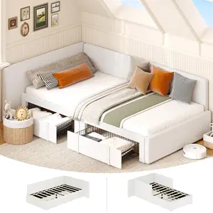 【GARVEE】soft Upholstered Twin Daybed with 2 Storage Drawers - Corner Bed Frame, Extended Headboard, Bed Rails, Guardrail, Adjustable Installation - Suits Bedroom, Guest Room - Beige