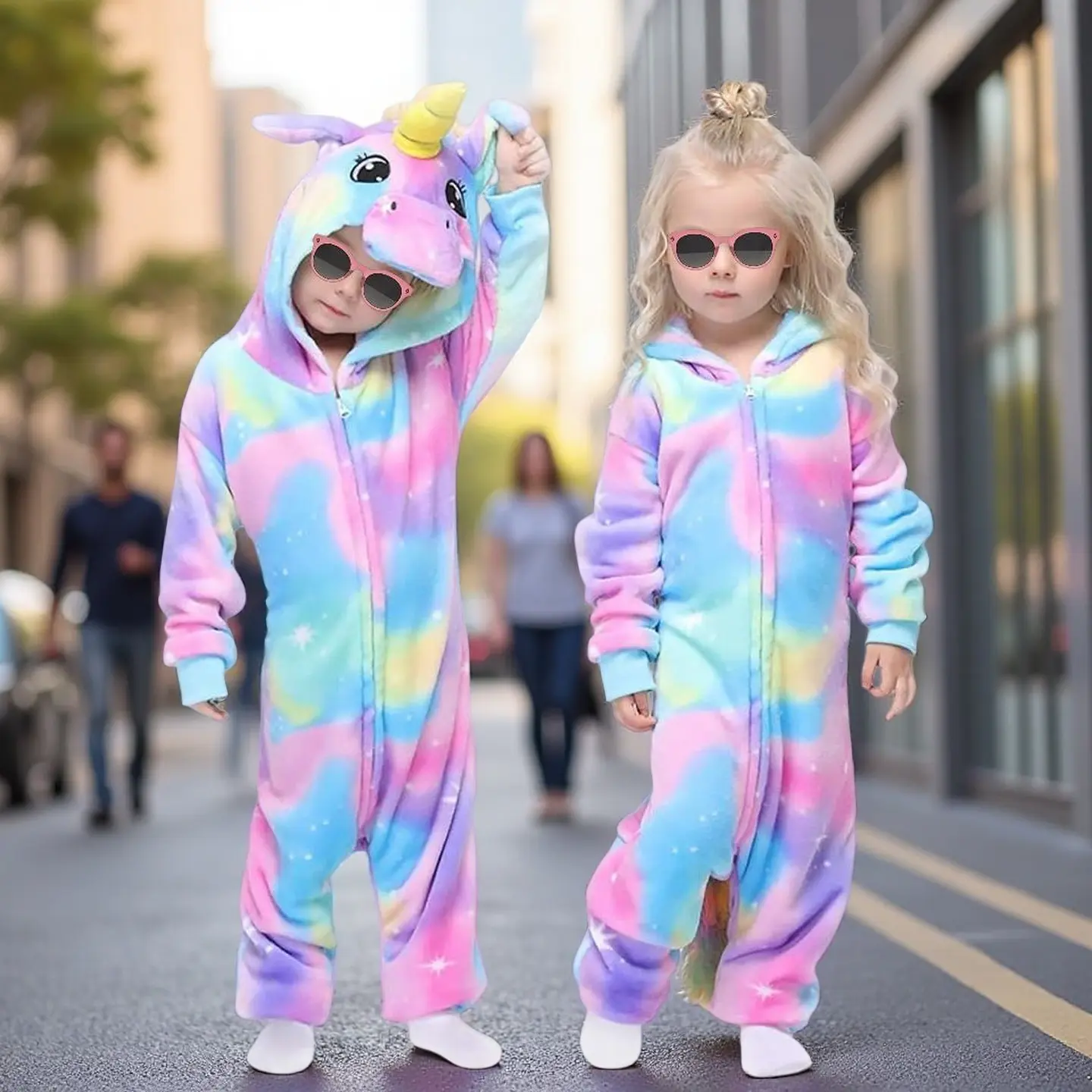 L-P012 4-5 Years Girls' Long Sleeve Tie Dye Rainbow Unicorn Onesie - Cozy Zip Animal Sleepwear, Fun Halloween Cosplay Costume for Party