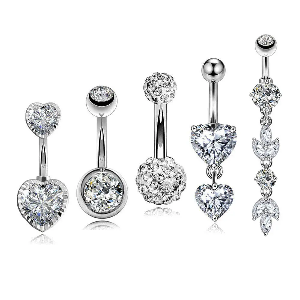 OUFER Women’s 5Pcs 14G Cubic Zirconia Dangle Belly Button Rings, 10mm Bar Heart-Accented Gemstone Piercing Jewelry for Belly Piercings, Belly Piercing