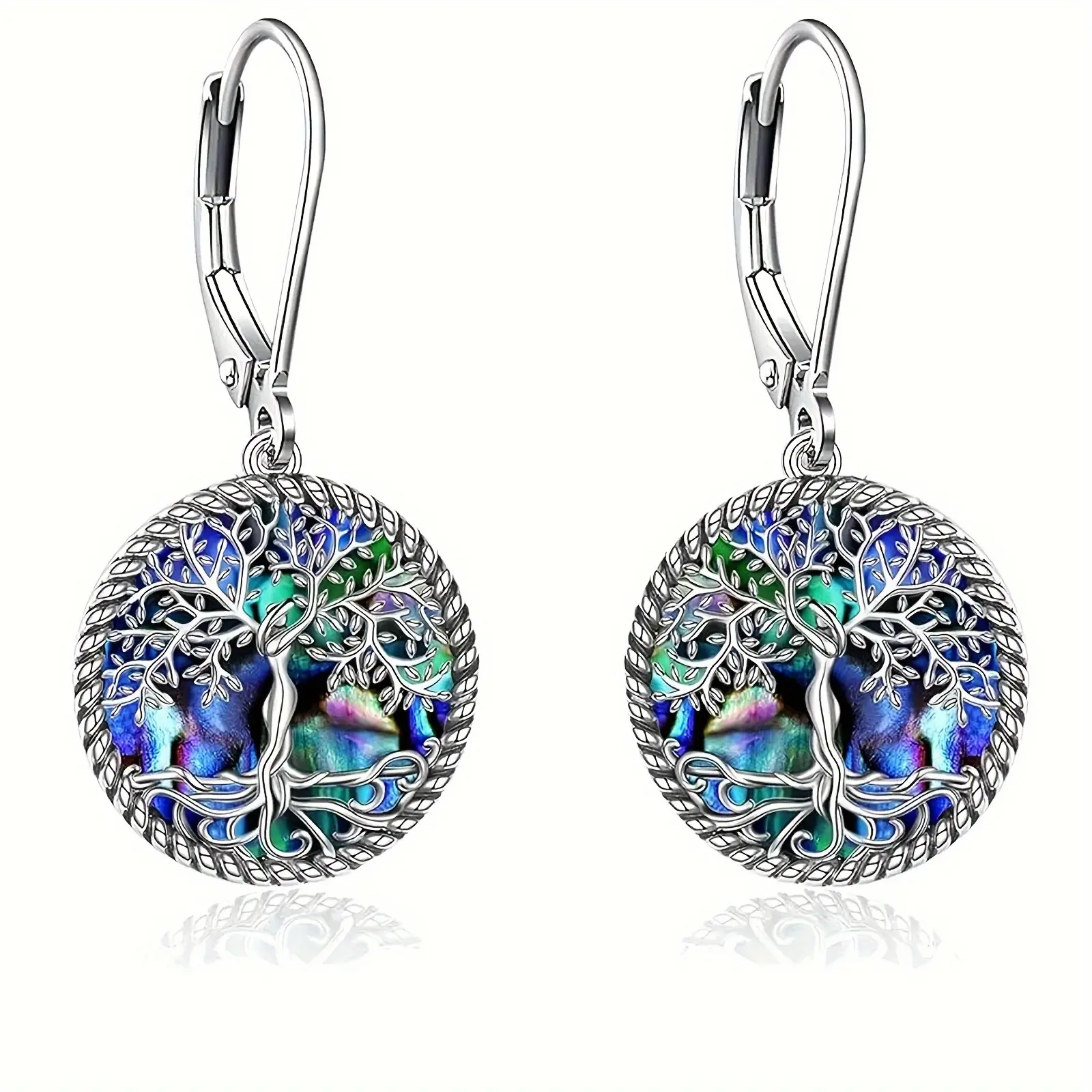 925 Sterling Silver Dangle Earrings for Female, Tree of Life Design with a Hanging Iridescent Sea Shell, Circular Frame for Special Events