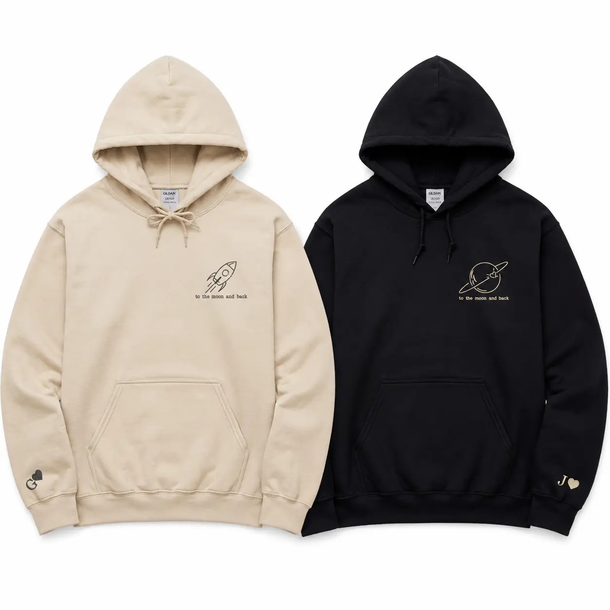 Custom To The Moon And Back Embroidered Hoodies for Couple, Matching Couple Hoodie With Rocket And Planet Design, Valentine Anniversary Gift For Couples