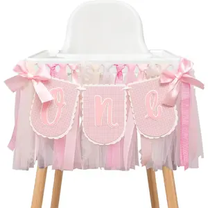Pink Gingham Highchair Banner 1st Birthday - Pink Bow One High Chair Banner, First Birthday Decorations Gingham Garland for Girls, Smash Cake, Photo Props...