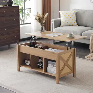 Karlhome Farmhouse Lift Top Coffee Table, Rustic Grey with Storage Shelf/Hidden Compartment, Mesa De Centro para Sala