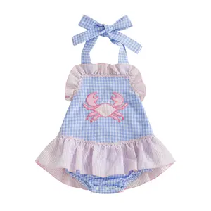 Baby Girl Cute Crab Romper Dress Ruffles Sleeveless Halter Tie Up Gingham Plaid Overalls Onesie Bodysuit Outfit Summer Clothes