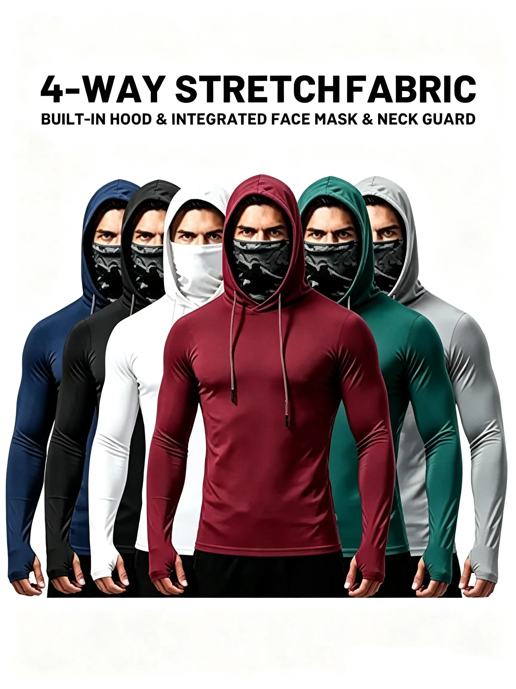 6 Pack Men Work shirts for men , UPF Sun Compression Hooded Shirts,Quick Dry Breathable Long Sleeve Athletic Tops with Attached Face Mask, Lightweight Cooling Performance Activewear for Fishing Construction Outdoor Work hoodies clothing,    men clothing