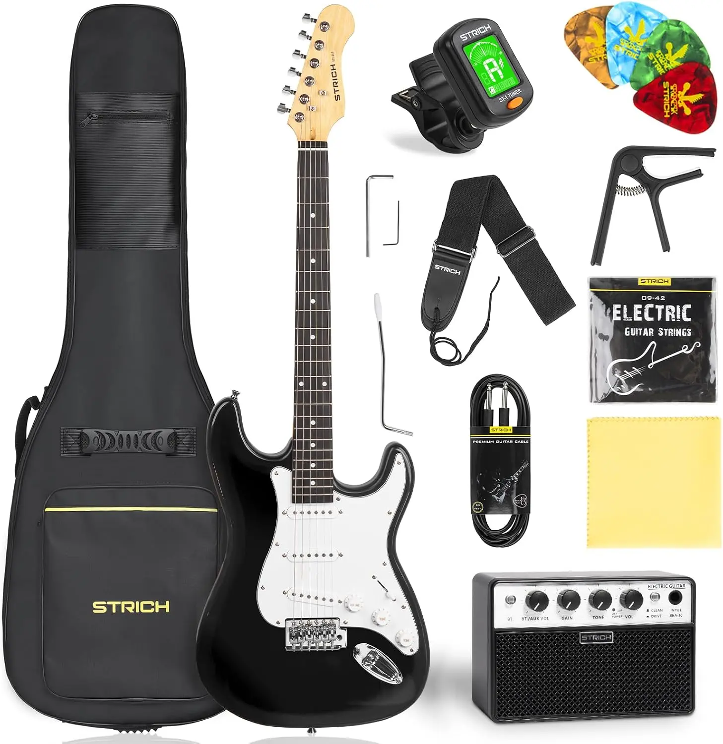 STRICH 39" Beginner Electric Guitar Kit SST-S10 (Black) - SSS Pickup, 10W Amplifier, Bag, Tuner, Capo, Strap, Strings, Cable, Picks, Father's Day Gift