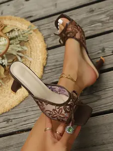Women's Black Lace Embroidered Square Toe Kitten Heel Mule Slides, Romantic Date Night Chic Style, Comfy Summer Sandals Footwear #LaceKittenHeelSlides, #RomanticDateChic, #BlackSummerShoes