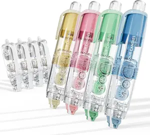 Four Candies Refillable Retractable White Out Correction Tape, 2PCS Cute White Out with 4 Extra Refills, Easy to Use Mini Aesthetic Pen Shaped Applicator for School Office Supplies (Pink Apricot)