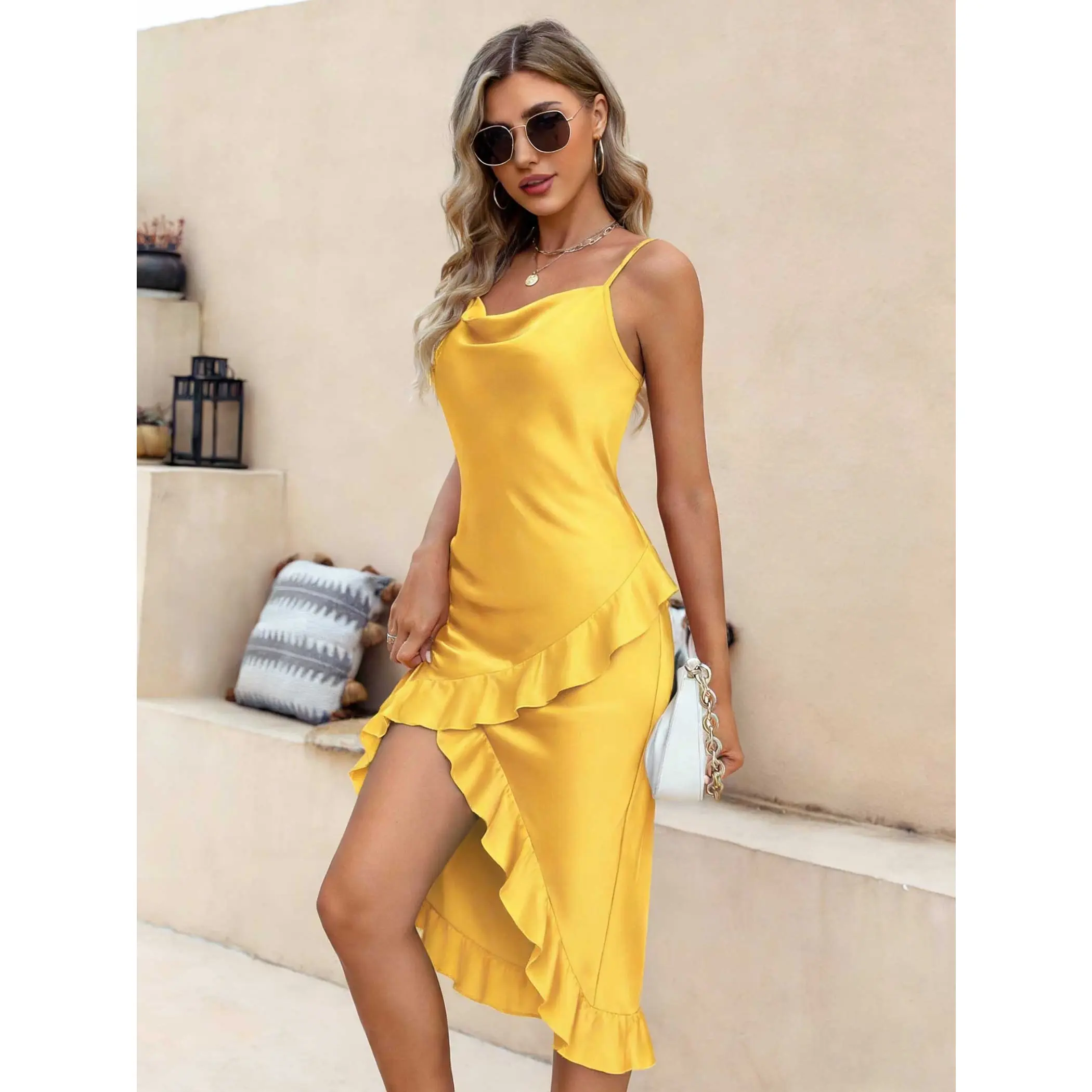 Women's Plain Chic Sleeveless V-Neck Backless Nightgown - Solid Color Comfortable Sleepwear Dress with Side Split, Summer Loungewear, Valentine's Day Gift Idea, Wife, Elegant