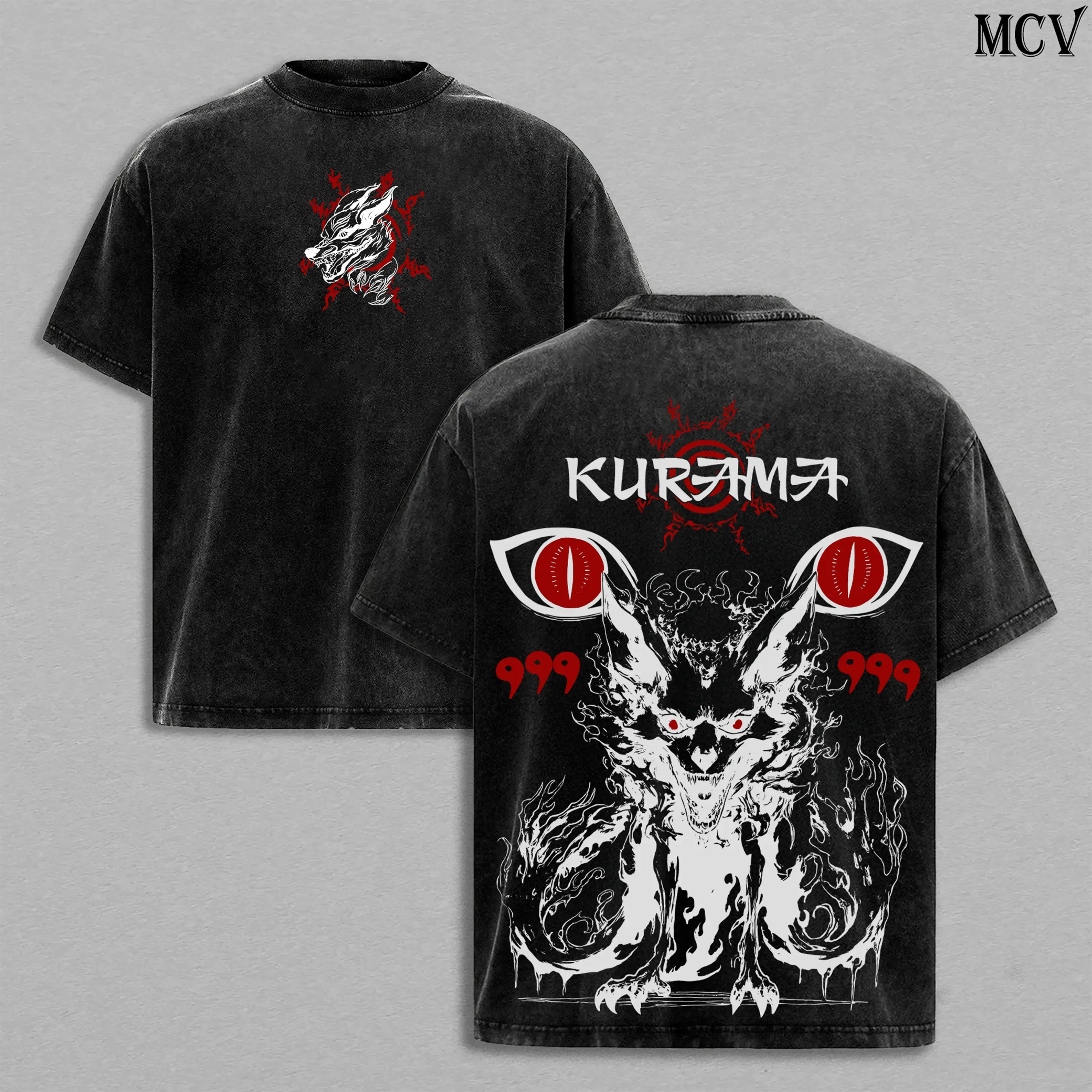 Men's Vintage Washed Naruto Kurama Sharingan Graphic Short-Sleeve T-Shirt, Menswear Tops, 9-Tails Fox Fan Art, Classic Seamless Oversized Soft Cotton Unisex Streetwear, Casual Anime Apparel, Gift for Naruto Fans; Matching Hoodie Available