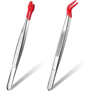 2 Piece Rubber Tip Tweezers Set - Straight PVC-Coated Precision Tip & Long Bent Flat Rubber Tip Tweezers for Stamps Coins Jewelry Crafts Industrial Electronic Lab