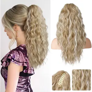 Women's Claw Clip Ponytail Wig, Grey Curly Hair Extension Fluffy Corn Perm Water Ripple Long Curly Hair Natural Looking for Daily Wear Party Hairstyle