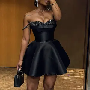 Women’s 2025 Spring/Summer Elegant Sequin Patchwork Strapless Black Basic Minimalist Short Dress – Casual Glamorous Style, Formal, Sleeveless