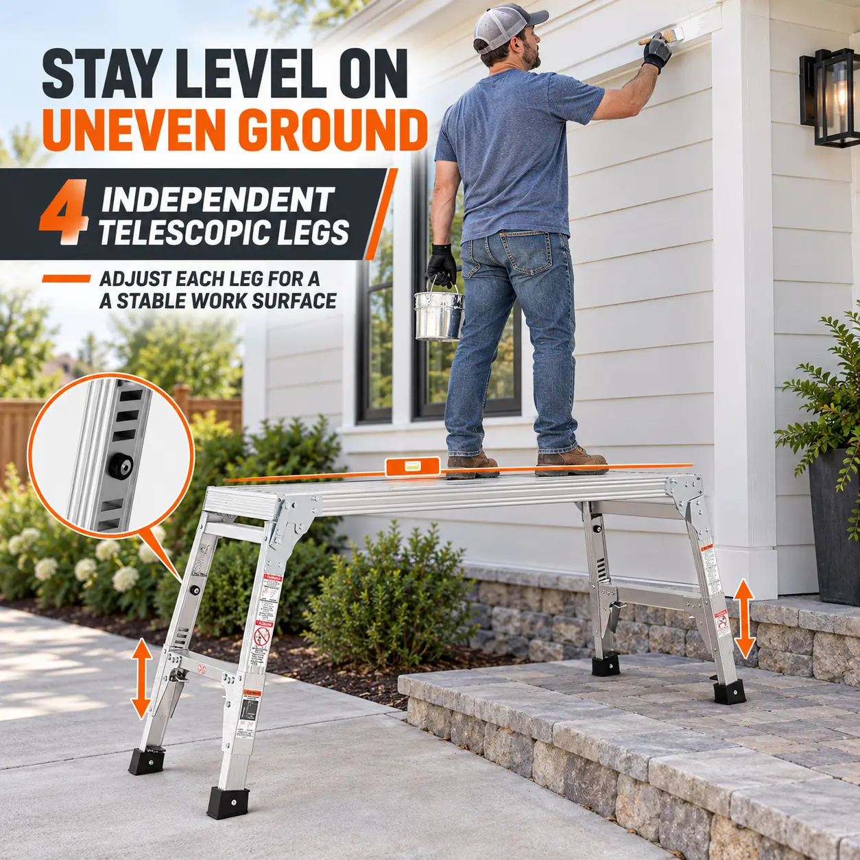 40-Inch Adjustable Aluminum Work Platform - Folding Step Stool (22-27.5 In) with 4 Independent Telescoping Legs, Portable Work Bench with Non-Slip Feet for Painting, Home Projects