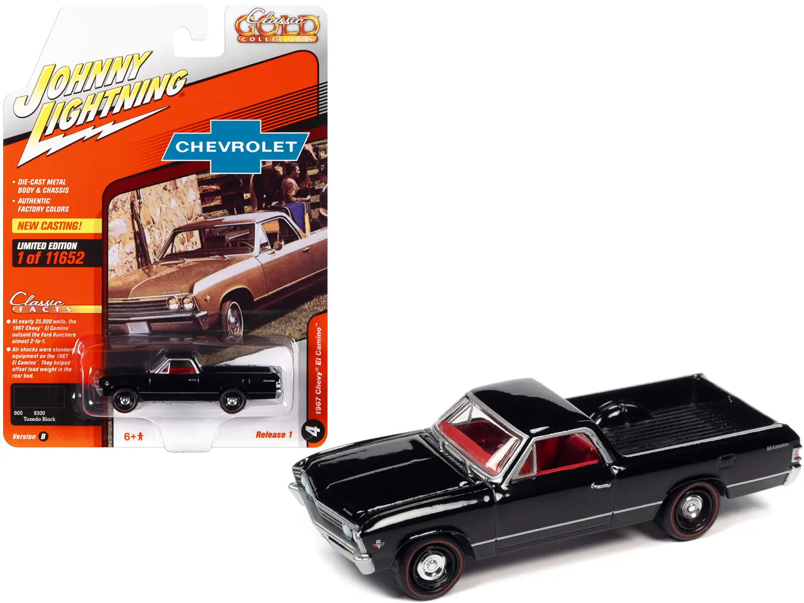1967 Chevrolet El Camino Tuxedo Black with Red Interior Ltd Ed to 11652 pcs 1/64 Diecast Model Car by Johnny Lightning