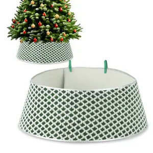 33 Inch Christmas Tree Collar Holiday Party Decoration, Diamond-Grid Design Plush Christmas Tree Skirt with 2 Matching Clips, Holiday Home Decor Stand Base Cover, Green/Red/Silver