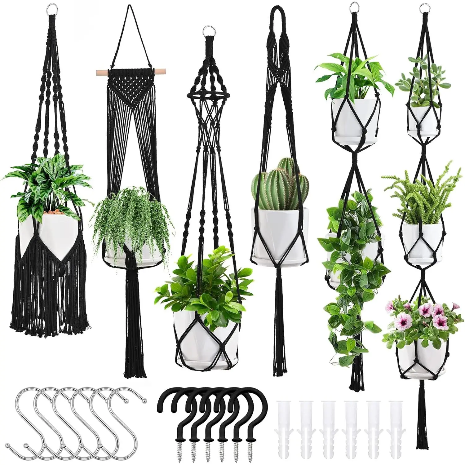 Macrame Plant Hangers, 6Pack Hanging Planters for Indoor Plants w/ 6 Set Hangers Kit Macromay Plant Hangers Indoor Flower Pots Holder Stand for Boho Décor (POTS NOT Included)