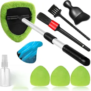 10pcs Windshield Cleaner Tool, Car Window Cleaning Wash Kit with 4 Reusable Microfiber Pads 1 Spray Bottle and Extendable Handle Auto Glass Wiper Kit, Green