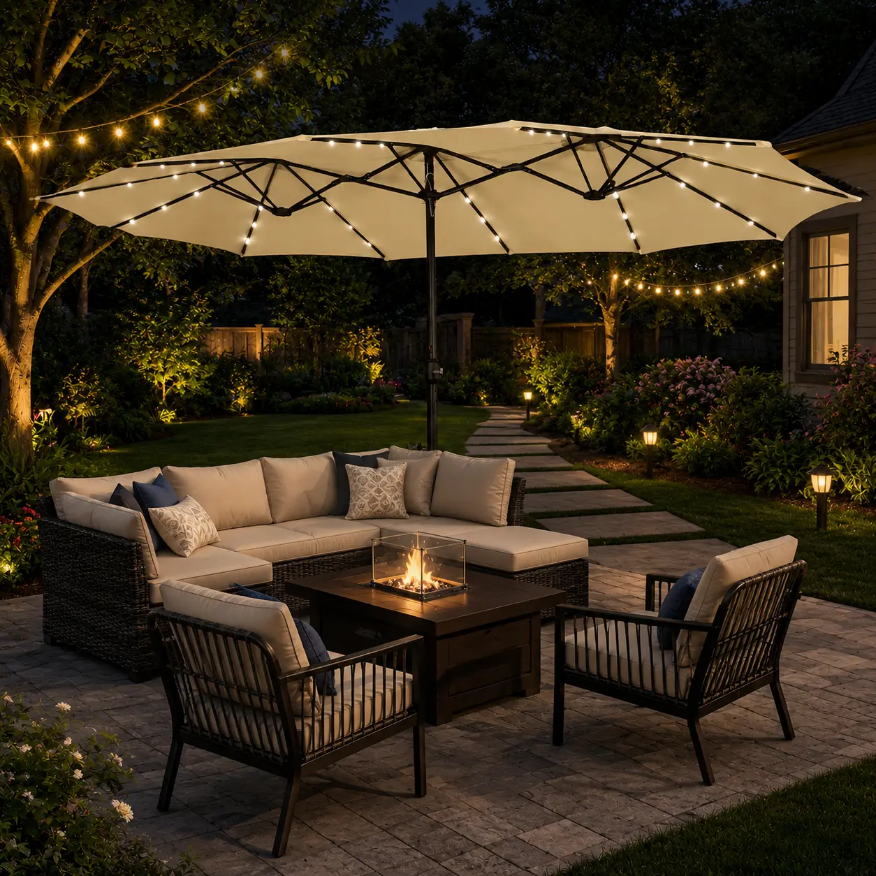 【Solar Lights】Yaheetech 2026 Upgrade 15/13ft Large Patio Umbrella, Outdoor Double-Sided Rectangle Umbrella with 36 LED Lights & Crank for Patio Garden Pool Lawn Backyard, Base Included