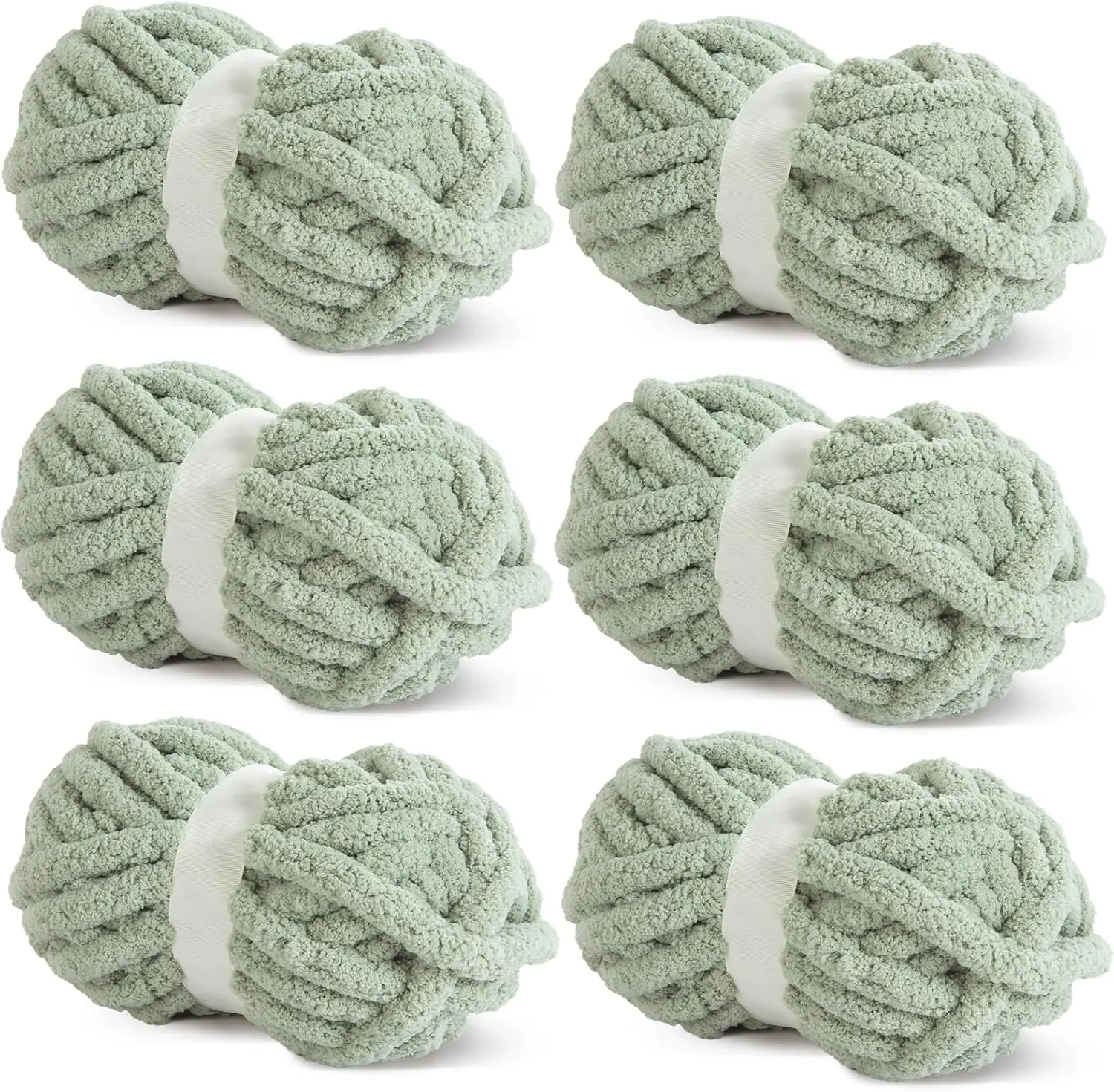 Hombys 6 Jumbo Pack Sage Green Chunky Chenille Yarn for Crocheting and Knitting, Super Bulky Thick Fluffy Yarn for Hand Knitting Blanket, Soft Plush Yarn (27yds, 8 oz Each Skein)