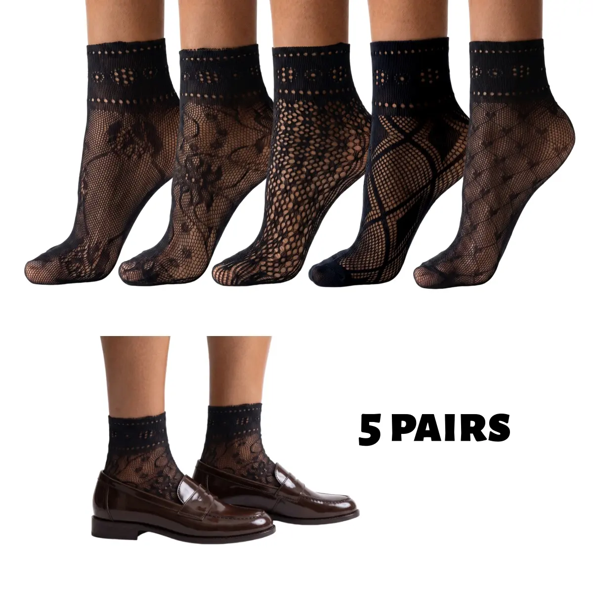 Women's 5 Pack Patterned Lace Anklet Socks - Elegant Lace Design with Ruffled Trim Detail for Comfort & Style Womenswear Everyday Feminine