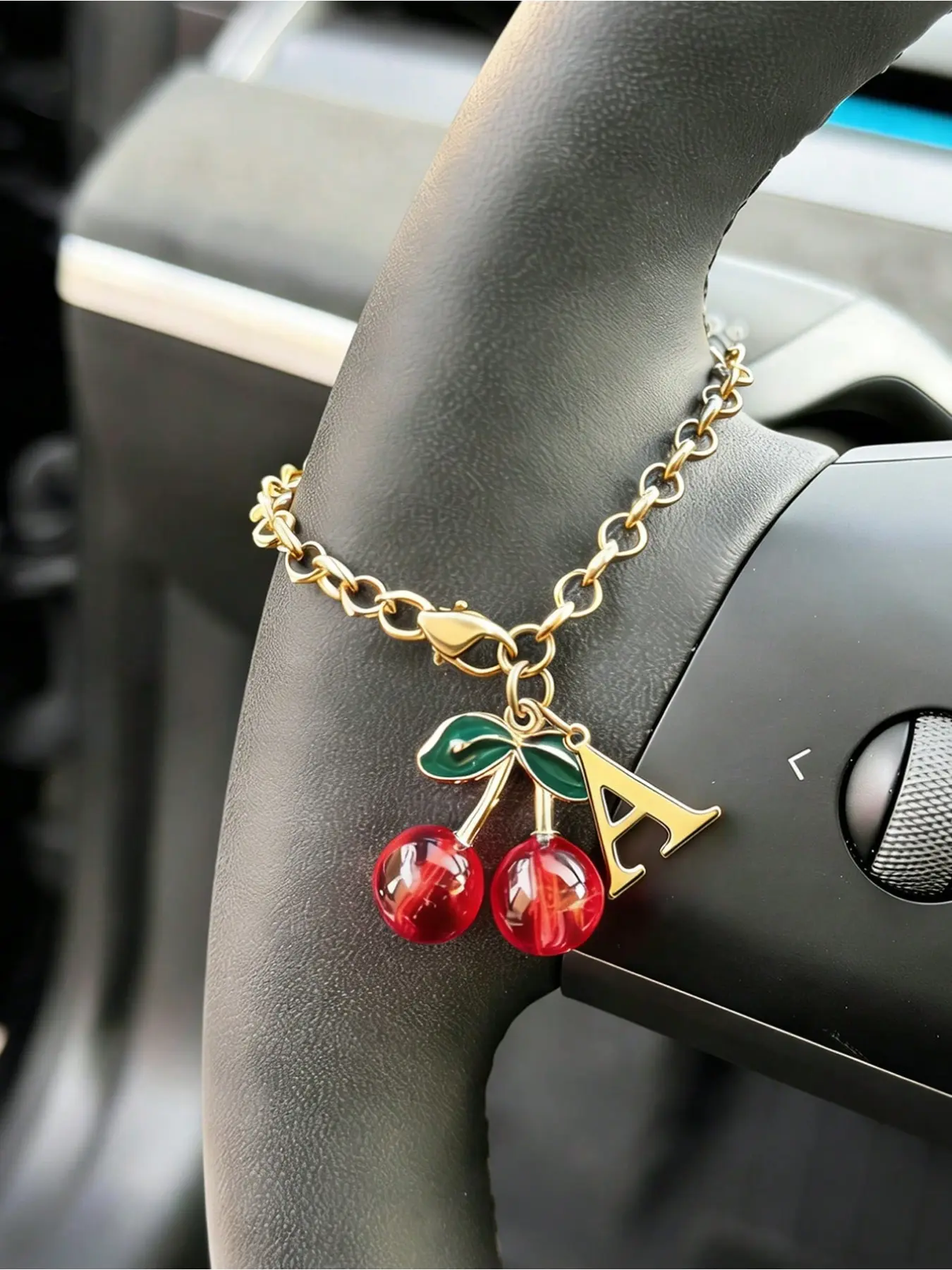 Sweet Cherry Pendant Car Steering Wheel Decor Chain, Steering Wheel Rosary Charm, Interior Decoration, Adjustable Chain, Accessory, Car Accessories, Car Ornament, Bag Charms, Luggage, Headphone Charms, Automotive Decoration, Car Decor Gift