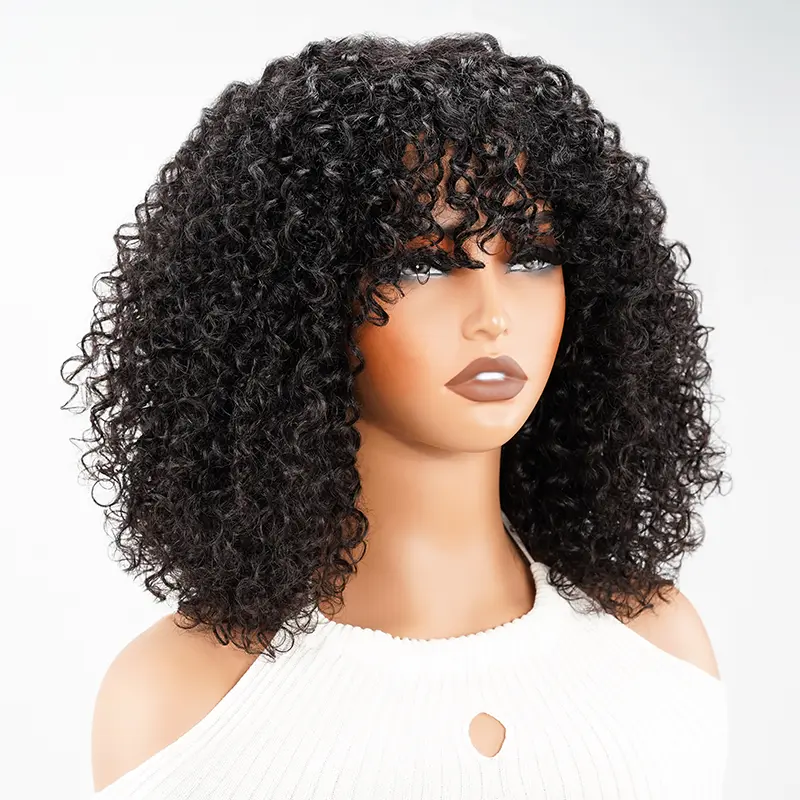 QVR Jerry Curly Short Bob Wig with Bangs for Women, Glueless Honey Blonde Water Wave, Wavy Remy Brazilian Human Hair, Wigs Human Hair
