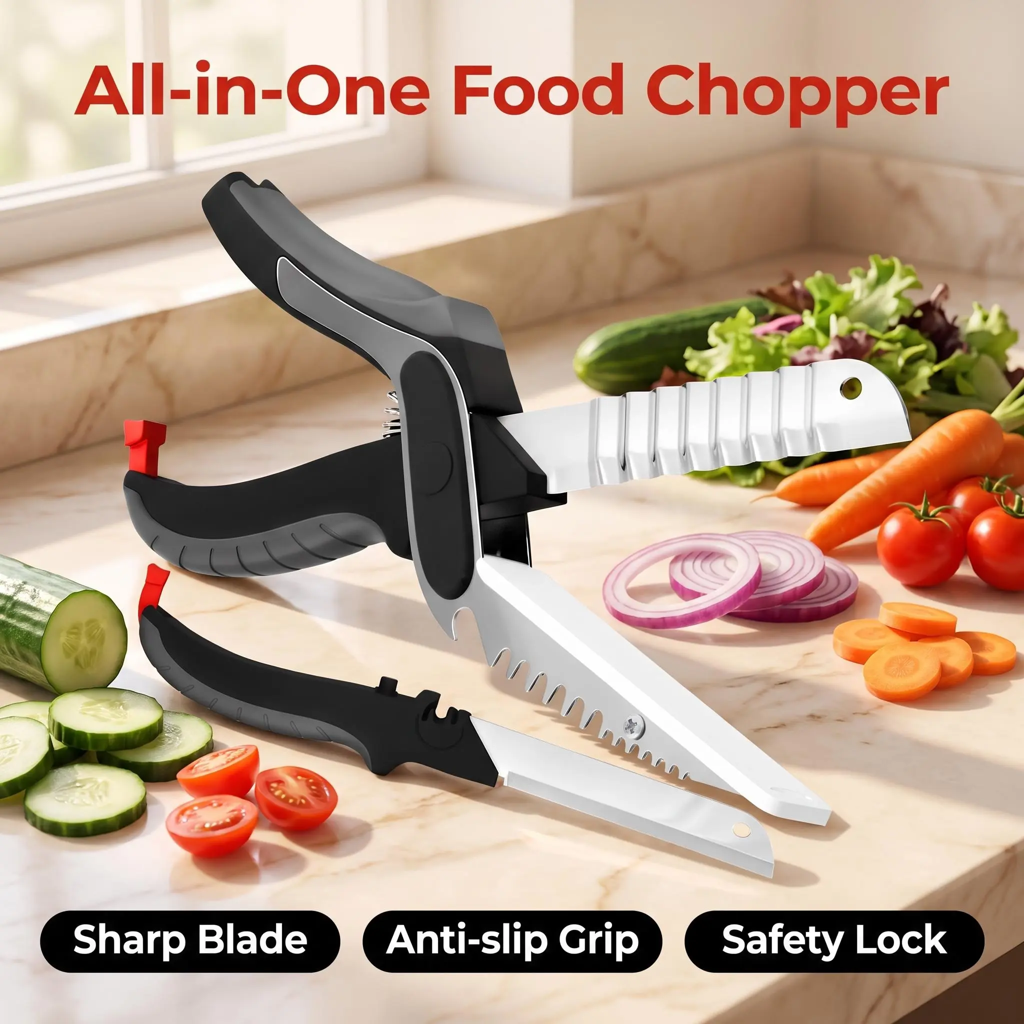 2-in-1 Multi-Use Stainless Steel Food Scissors, Fast Cooking Prep Tool for Kitchen Tasks