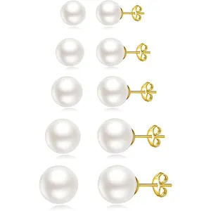 5 Pairs Stud Earrings for Women 14K Plated Gold/Silver Pearl Ball Small Stud Earrings Set Cartilage Piercing Hypoallergenic Lightweight Flatback Earrings Jewelry Gifts for Women