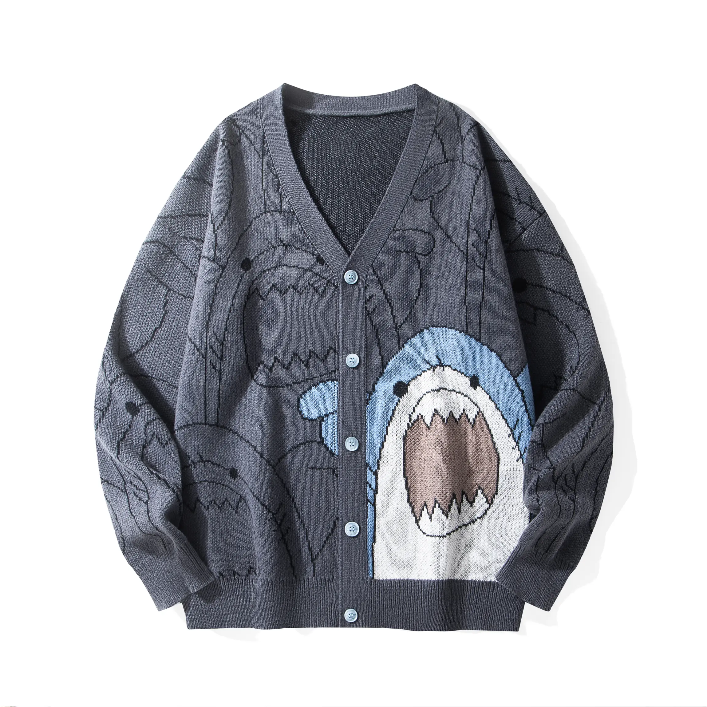 Men's Casual V-Neck Button-Up Cardigan, Premium Soft Fabric, Loose-Fit, Playful Shark Cartoon Jacquard Knit Design for Comfortable Knitwear Tops Casual Style Sweater Unisex Menswear Stylish Boho Casual Knitwear Oversized