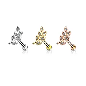 16G Paved Leaf Cartilage Earring, Conch, Helix, Cartilage, Stud, Tragus, Flat Back Labret, Flat Back Earring, Jewel Barbell, Internally Threaded